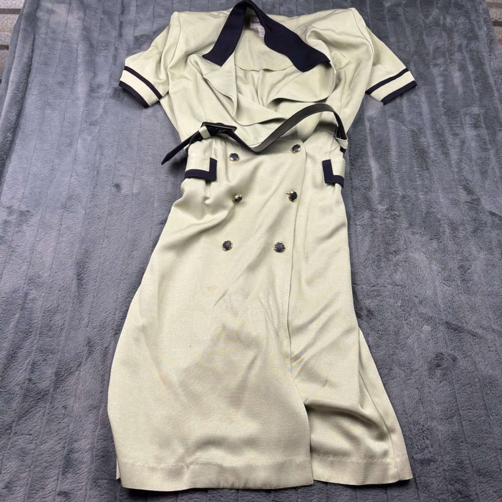 Danny & Nicole Vintage Sage Green Navy Double Breasted Belted Midi Dress Size 14